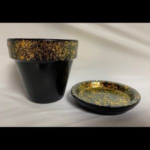 Hand painted decorative clay pot with saucer- 4”.